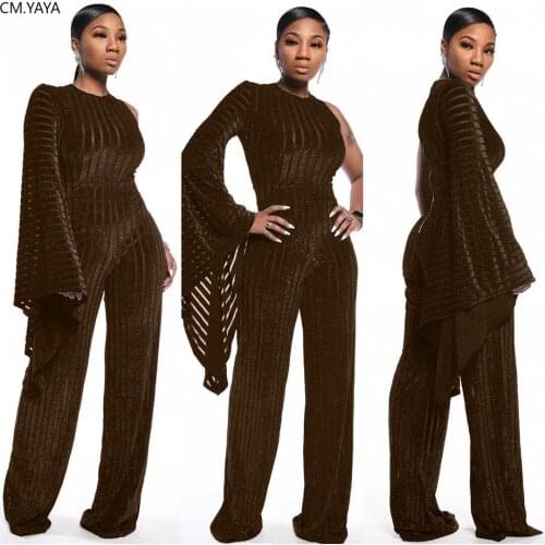 2019 New Autumn Winter Outfits Corduroy Sexy NightClub Women Jumpsuits Solid One Shoulder Flare Sleeve Ladies Rompers L5098