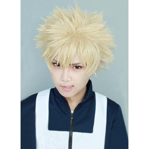 Biamoxer My Boku no Hero Academia Bakugou Katsuki Bakugo Short Linen Blonde Heat Resistant Cosplay Costume Wig