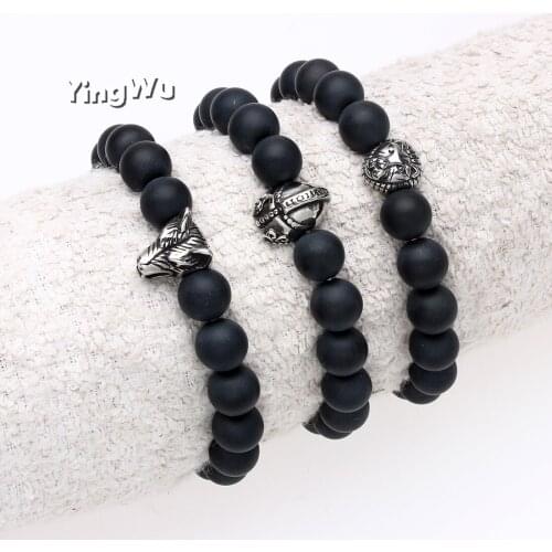 Yingwu Charm Stone Natural Stainless steel Mens Bracelet Punk CZ Head Skeleton Bracelet Mens Fashion Bead Bracelet