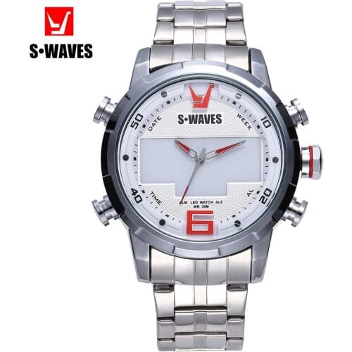 SWAVES Luxury Watch Men Sport Stainless Steel LED Military Relogio Masculino Dual Display Waterproof Multi Function Mens Watch