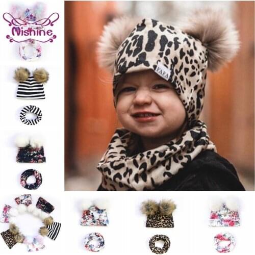 Childrens fur ball print scarf hat baby girls set autumn and winter warmth hat tire cap newborn gift