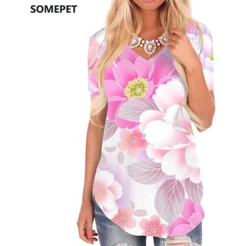 SOMEPET Flower T-shirt women Art V-neck Tshirt Colorful T-shirts 3d Harajuku Shirt Print Womens Clothing Summer Cool Style
