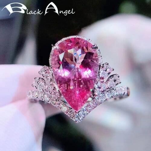 BLACK ANGEL 925 Silver Water Drop Shaped Pink Tourmaline Gemstone Adjustable Ring For Women Wedding Jewelry Christmas Gift