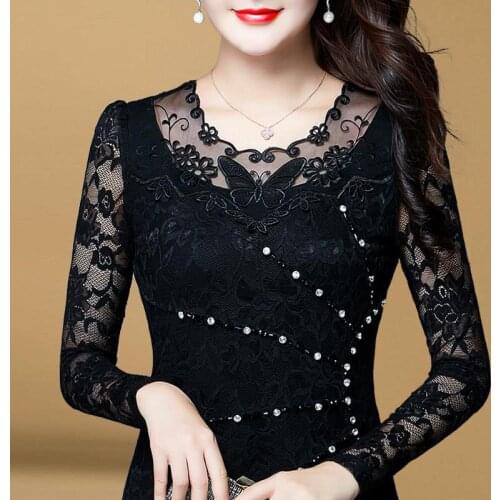 Butterfly Embroidery Lace Blouses Shirts Women Long Sleeve Shinny Decor V-Neck Lace Blusas Tops DD8010