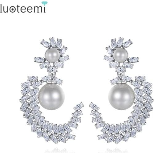 LUOTEEMI New Elegant CZ Drop Earrings for Women Wedding Engagement Fashion Jewelry Imitation Pearl Pendientes Bijoux Femme Gifts