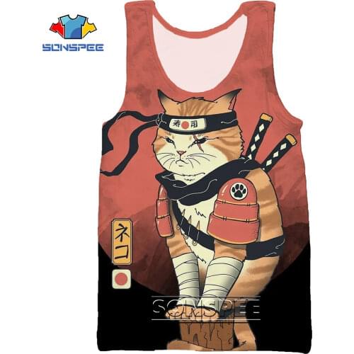 SONSPEE 3D Print Samurai Cat Sushi Knife Summer Beach Sea Vest Mens Casual Bodybuilding Gym Muscle Fitness Sleeveless Tank Top