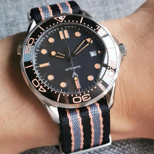 41mm Automatic Mens Watch NH35/Miyota 8215 Movement Black Dial Sapphire Glass Orange Index NATO Strap Date Ceramic Bezel Insert