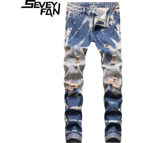 SEVEYFAN Mens Fahion Tie Dye Ripped Jeans Stretch Hole Slim Denim Pants Streetwear Pencil Trousers for Male