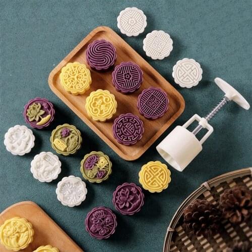 6 Style Round/Square Flower Mooncake Mold Set 100g Mid Autumn Festival DIY Hand Pressure Fondant Moon Cake Mould Decoration Tool