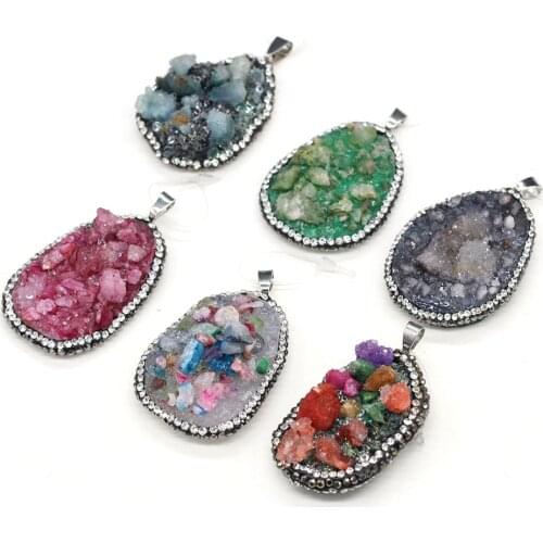 Natural Druzy Agates Diamon-Studded Pendants Charms Irregular Stone Pendants for Jewelry Making DIY Necklace Size 30x50-35x55mm
