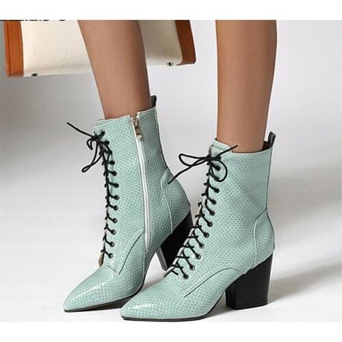 2019 New Brand Snakeskin Womens Boots Fashion Pointed Toe Autumn Winter Ankle Boots Lace-up Western Motorcycle Boots for Women
