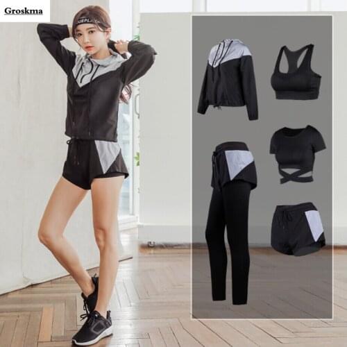 2021Newest Women Yoga Suits Quick Dry Sportswear Running 5 Piece Set Fitness Gym Outdoor Coats+Bra+T Shirt+Pants+Shorts Sports