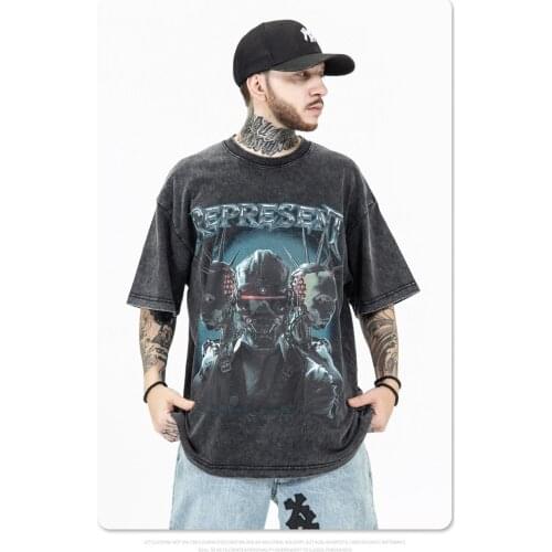 2021 summer new loose version tide brand dark rock letter printing washed and old short-sleeved T-shirt