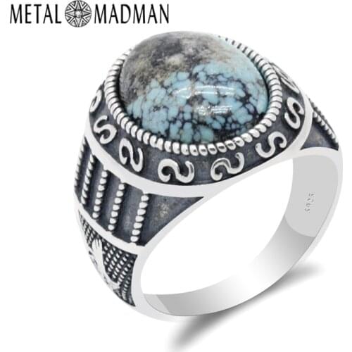 Original Turquoise Ring for Men 925 Sterling Silver Oval Natural Stone Vintage Antique Ring for Male Female Turkey Jewelry