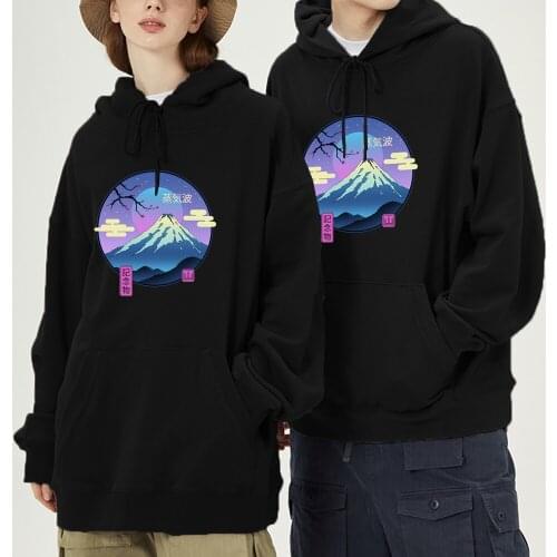 Vaporwave Mount Fuji Hoodies Man Women Harajuku Steam Wave Print Long Sleeve Pocket Streetwear Hoody Autumn Fleece Sweatshirts