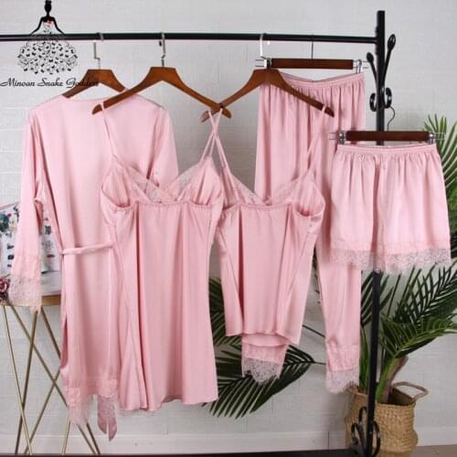 5PCS Silk Pajamas Set For Women Sleepwear Pijamas Spring Summer Autumn Homewear Sexy Lace Lingerie Pyjamas With Pads