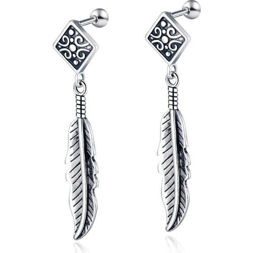 Cyue European Hip Hop Feather 304 Stainless Titanium Steel Mens Stud Earrings Student Personality Trendy Fashion