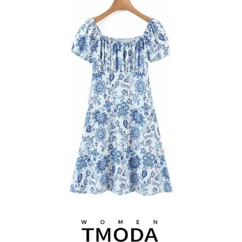 TMODA1343 Floral Print Puff Short Sleeve Women Dress High Split Party Mini Dresses Elegant Lace Up Sweet Summer Club Sexy Dress