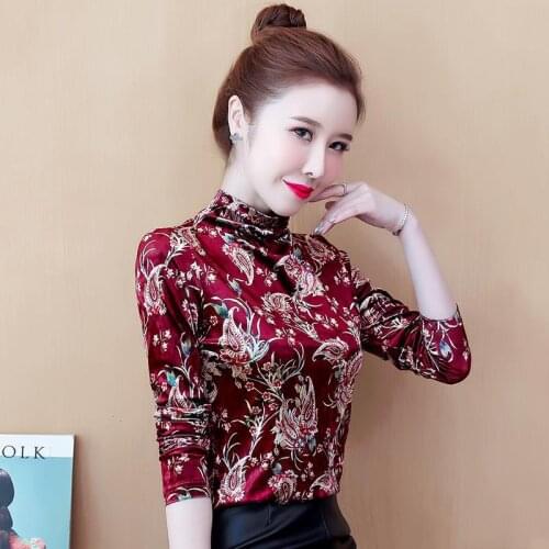 2021 spring new style gold velvet bottoming shirt women long-sleeved temperament inner T-shirt high collar floral top