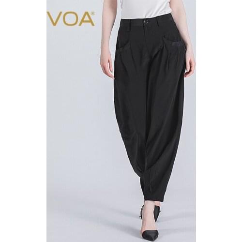 VOA silk 18 Mm double crepe natural waist yoke pleated bag I-shaped pleated beam rhombic solid color breeches women K18