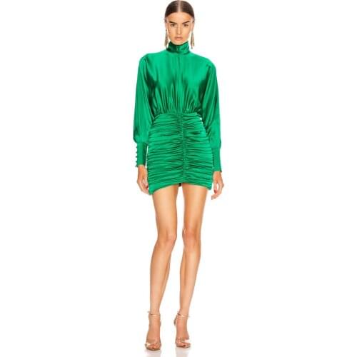 Green Solid Long Sleeve High Collar Pleated Mini Womens Dresses Celebrity Christmas Evening Party Dress