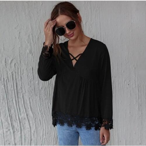 2021 New Sexy V Neck Tops 2020 Spring Summer Strapless Women Blouse Black Lace Patchwork Shirts Casual Loose Blusas Tops