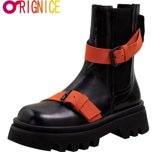 Orignice Fashion Cow Leather Womens Chelsea Ankle Boots Casual Square Heels Office Lady Thick Bottom Round Toe Non Slip Shoes