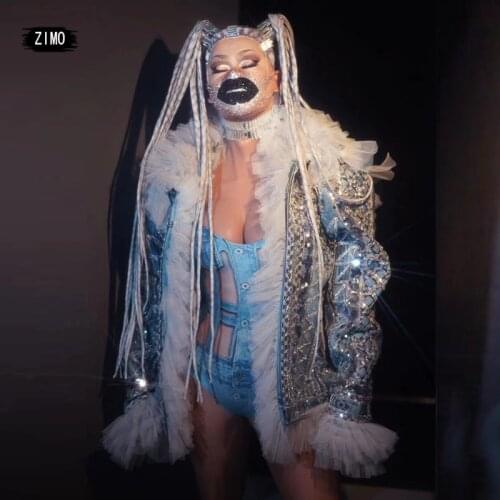 Women Man Pearl Rhinestones Blue Imitation Denim Jacket Fashion Tide Hip Hop Rock Rap Singer Loose Coat Dancer Costume designer