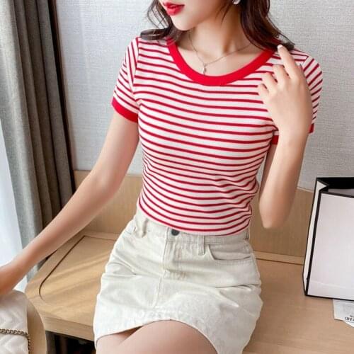 2021 Summer New Arrival Red Black Striped Sweater Women Ice Silk T Shirt Short Sleeve Knitted Pullovers O-neck Slim Tops Y283