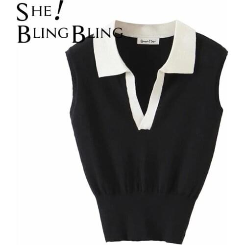 SheBlingBling Za Women 2021 Knit Polo Vest Black Office Cropped Tops Sleeveless Jumper Patchwork Female Slim Elegant Knitwear