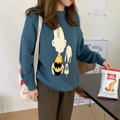 Women Winter Cartoon Pattern Knitted Sweater Thick Casual Pullovers Jumper Jacket Irregular Length Round Collar Full Sleeve