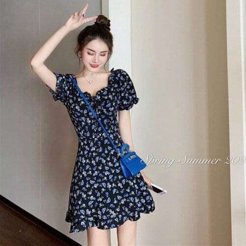 Causal Derss Women Ruffles V-Neck Hot Sale Puff Sleeve Printing Elegant Floral Fashion Sweet Harajuku Vintage Female Mini Dress