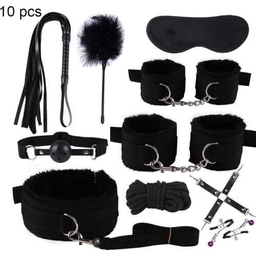 10 cps Nylon BDSM Kits Plush Sex Bondage Set Handcuffs Sex Games Whip Gag Nipple Clamps Sex Toys For Couples Exotic Accessories