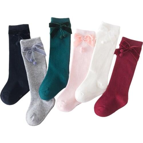 Toddlers Breathable Knee-high Stockings, Autumn Little Girls Sweet Style Velvet Bow Plush Ball Decoration Mid-calf Length Tights