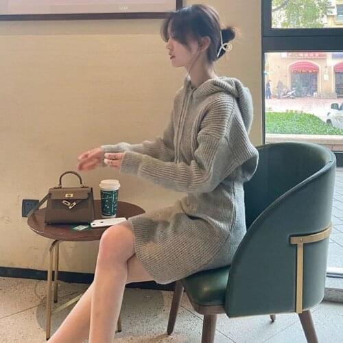 Elegant Hooded Long Sleeve Knit Dress Women 2021 Autumn Bat Sleeve Sexy Mini Sweater Dress Ladies Bodycon Short Dress Vestidos