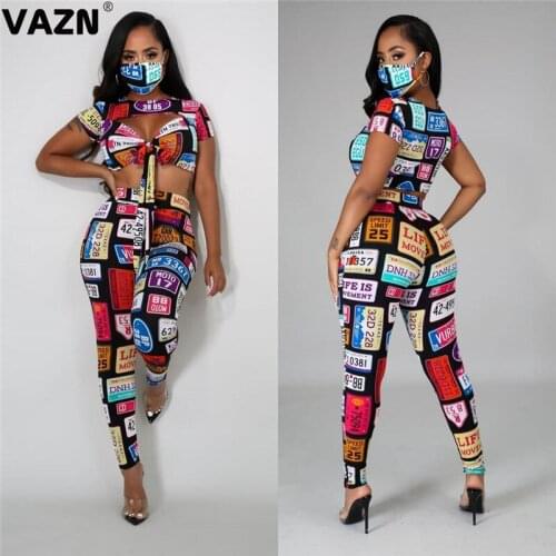 VAZN 2020 Black Casual O-neck Letter Print Two Piece Set Beach 2 Piece Set Women Short Sleeve Full Pant Summer Sets