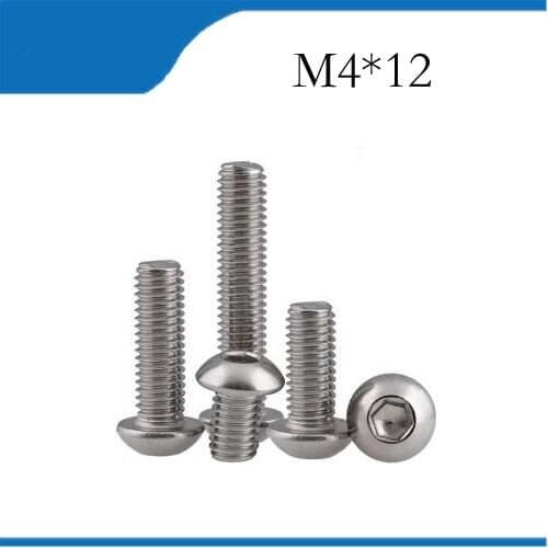 M4 12mm 100pcs M4 12mm M4*12mm 304 Stainless Steel DIN7380 Inner HEX Bolt Hexagon Socket Mushroom Round Button Head Screw