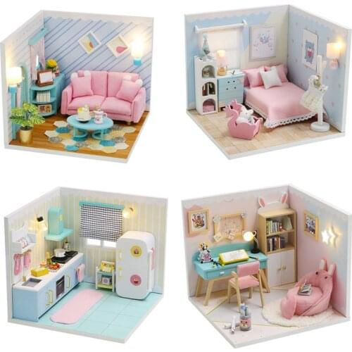 Can be Combined Freely Cute Doll House Furniture Free Dust Cover Nine Designs Diy Miniature Wooden Dollhouse Toys For Children