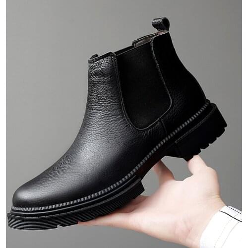 New Mens Boots Chelsea Fashion Shoes Winter Black Genuine Leather Platform Shoes Male Footwear Warm Plush Winter Motocross Boots