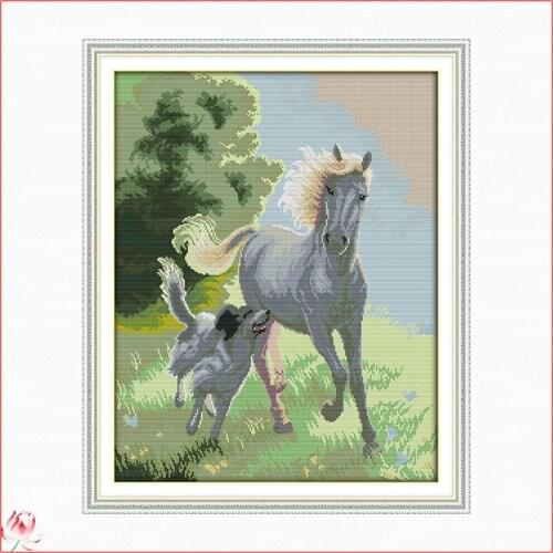 The Dog And Horse Travel Together Cross Stitch Kits Ecological Cotton Stamped Printed 14CT 11CT DIY Easy To Use Home Decoration