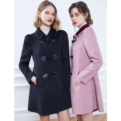 Womens Clothing 2021 Autumn New Color Contrast Collar Wool Horn Button Coat Womens Woolen Coat