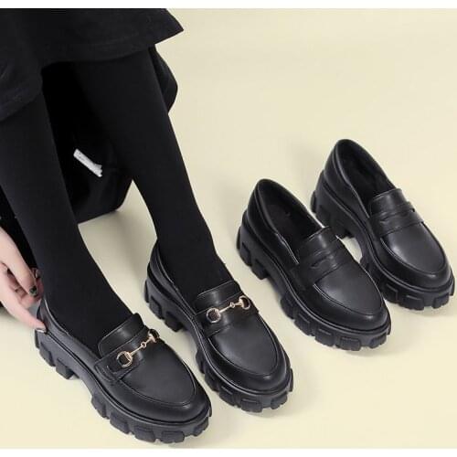 New Autumn Women Shoes Oxford Shoes For Women Leather Slip oN Thick Bottom Platform Metal Buckle Solid Black Casual Shoes Woman