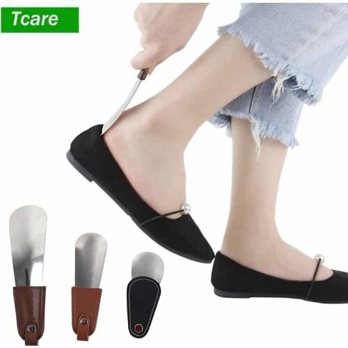 1Pcs Health Care Metal Shoe Horn with Leather Handles, Stainless Steel Shoehorn for Men, Women, Kids, Boots and Shoes Brace