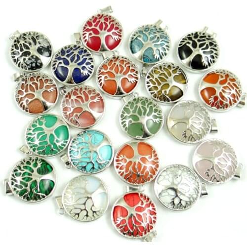 Natural Stone lapis Quartz Opal Pendant Handmade Silver Color Tree of Life Round Shaped etc Reiki Jewelry Making necklace 10PC