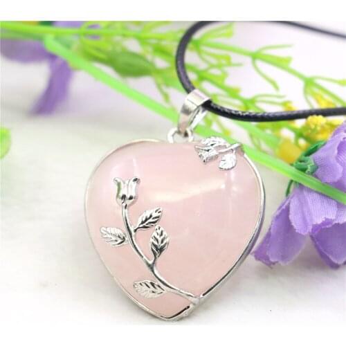 32mm Heart Shape Flowers Pink Crystal Jade Pendant Natural Stone Beads Alloy Extendable Clasp Women Girls Black Rope Chain DIY