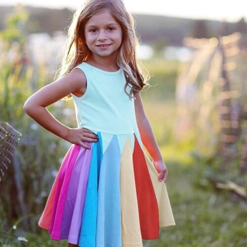 Summer Girls Rainbow Stitching Dress 2-6 Years Children Clothing Princess Sleeveless Casual Dress Boutique Beach Party Clothing