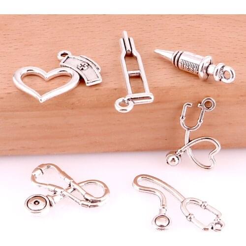 10Pcs/Lot Mix Syringe Hospital Charms Making Metal Stethoscope Nurse Hat Pendant For Keychain Bracelet Jewelry Making