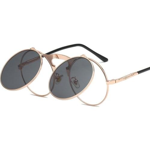 Retro Vintage Steampunk Flip Up Sunglasses Men Women Round Metal Frame Sun Glasses Hinge Design Curved Glasses Legs UV400