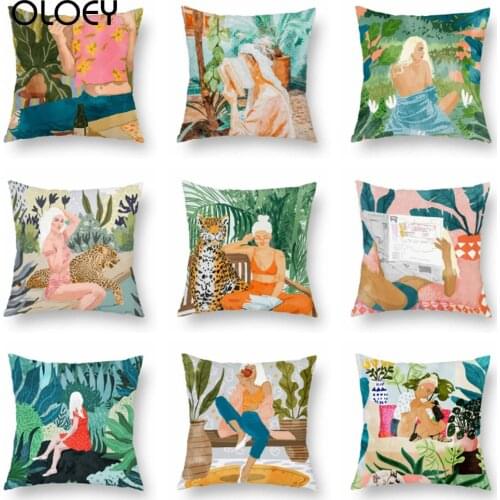 Jungle Woods Polyester Cushion Covers Forest Animal Tiger Fox Cat Deer Whale Throw Pillow Cover Cartoon Oil Painting Pillow Case