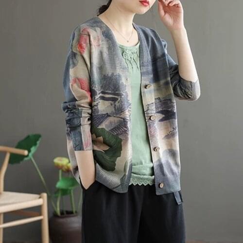2020 New Spring Fashion Ladies Loose Clothes Womens Floral Printed Sweaters Vintage Streetwear Cardigans Plus Size DD2480